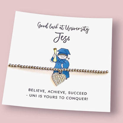 Good Luck University Bracelet: Rhinestone Heart Charm, Silver Plated Beads