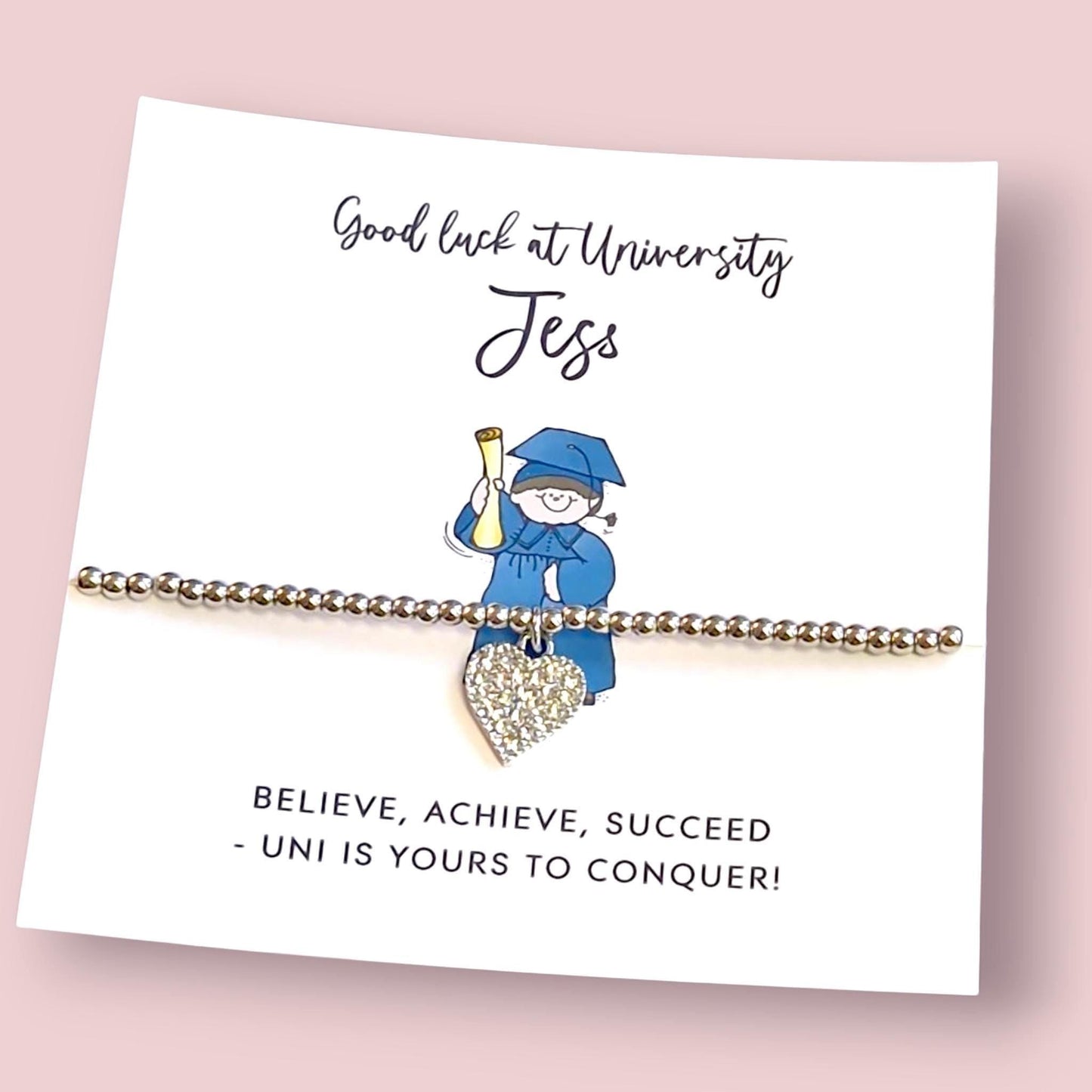 Good Luck University Bracelet: Rhinestone Heart Charm, Silver Plated Beads