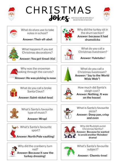 Christmas Cracker Jokes: 28 Printable Illustrated Jokes (Digital Download)