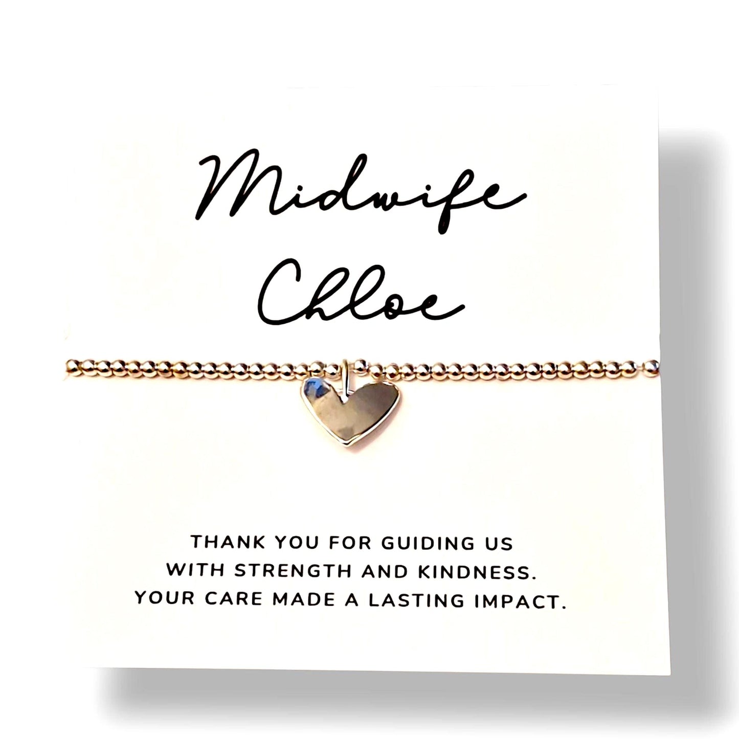 Personalised Silver Heart Bracelet – Midwife Gift – Custom Thank You Jewellery - Guiding us