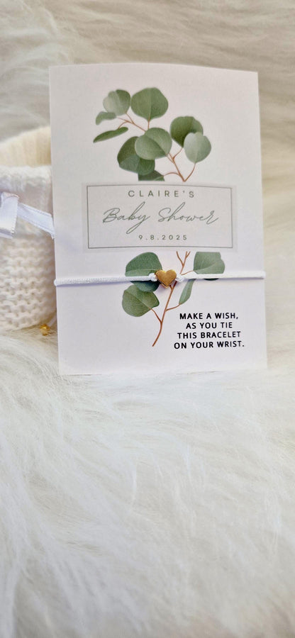 Pack of 10 Personalised Eucalyptus Baby Shower Wish Bracelet: Gold Heart Charm - Boho, Botanical - Fern