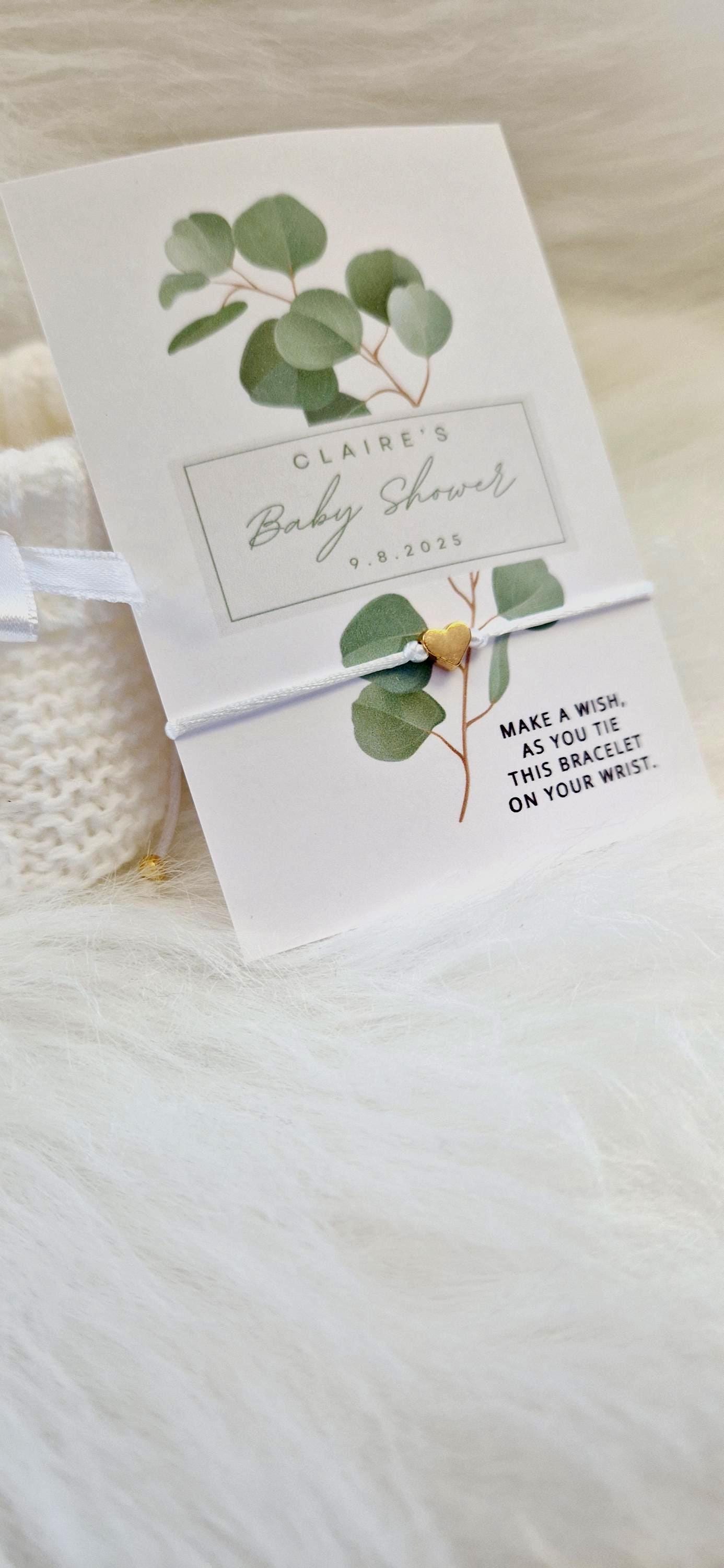 Pack of 10 Personalised Eucalyptus Baby Shower Wish Bracelet: Gold Heart Charm - Boho, Botanical - Fern