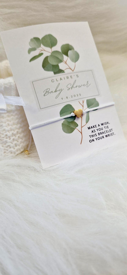 Pack of 10 Personalised Eucalyptus Baby Shower Wish Bracelet: Gold Heart Charm - Boho, Botanical - Fern