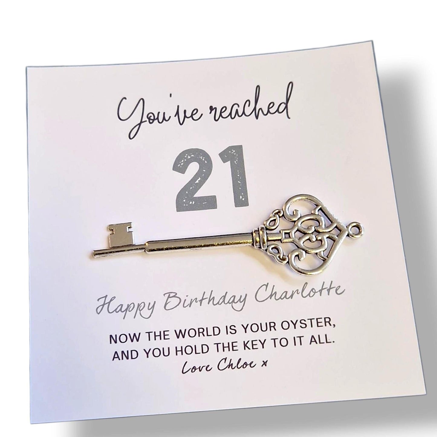 Personalised 21st Birthday Key Card: Metal Key Keepsake The world is your oyster
