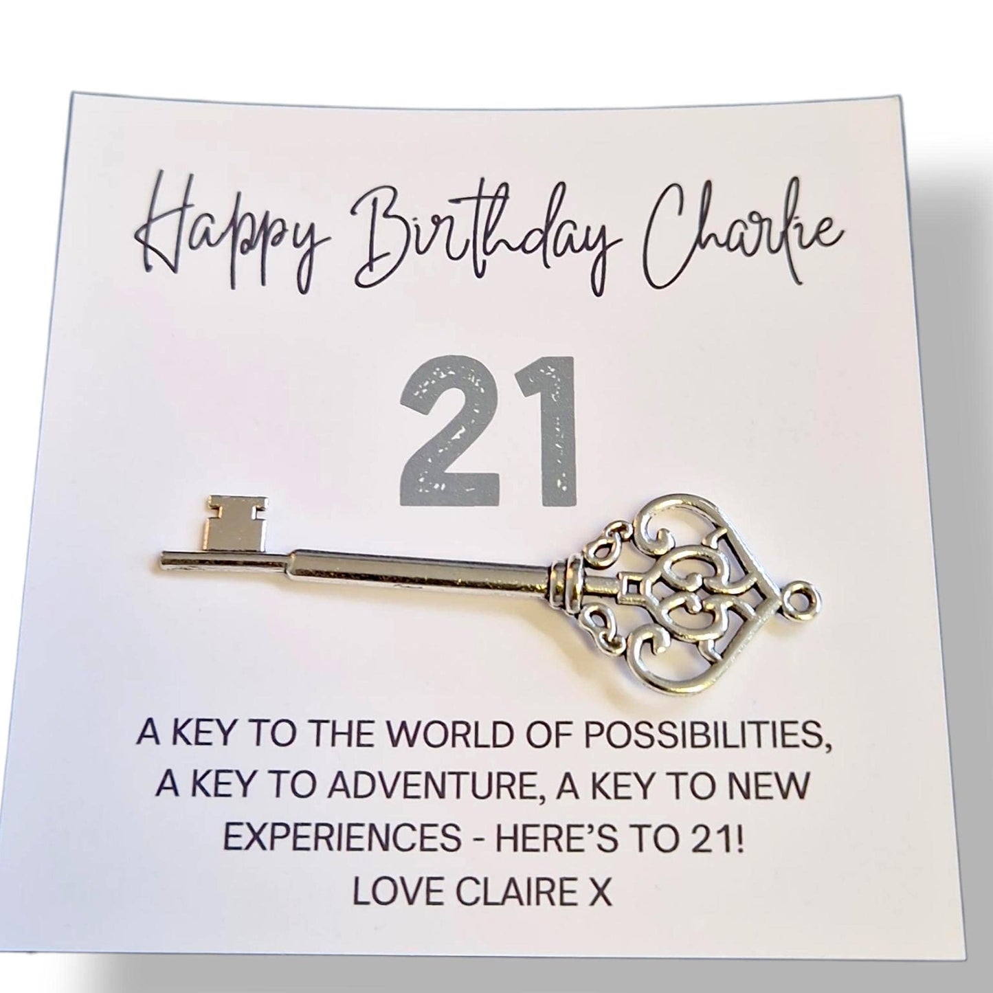 Personalised 21st Birthday Key Card: Keepsake Metal Key, 21, twenty one.
