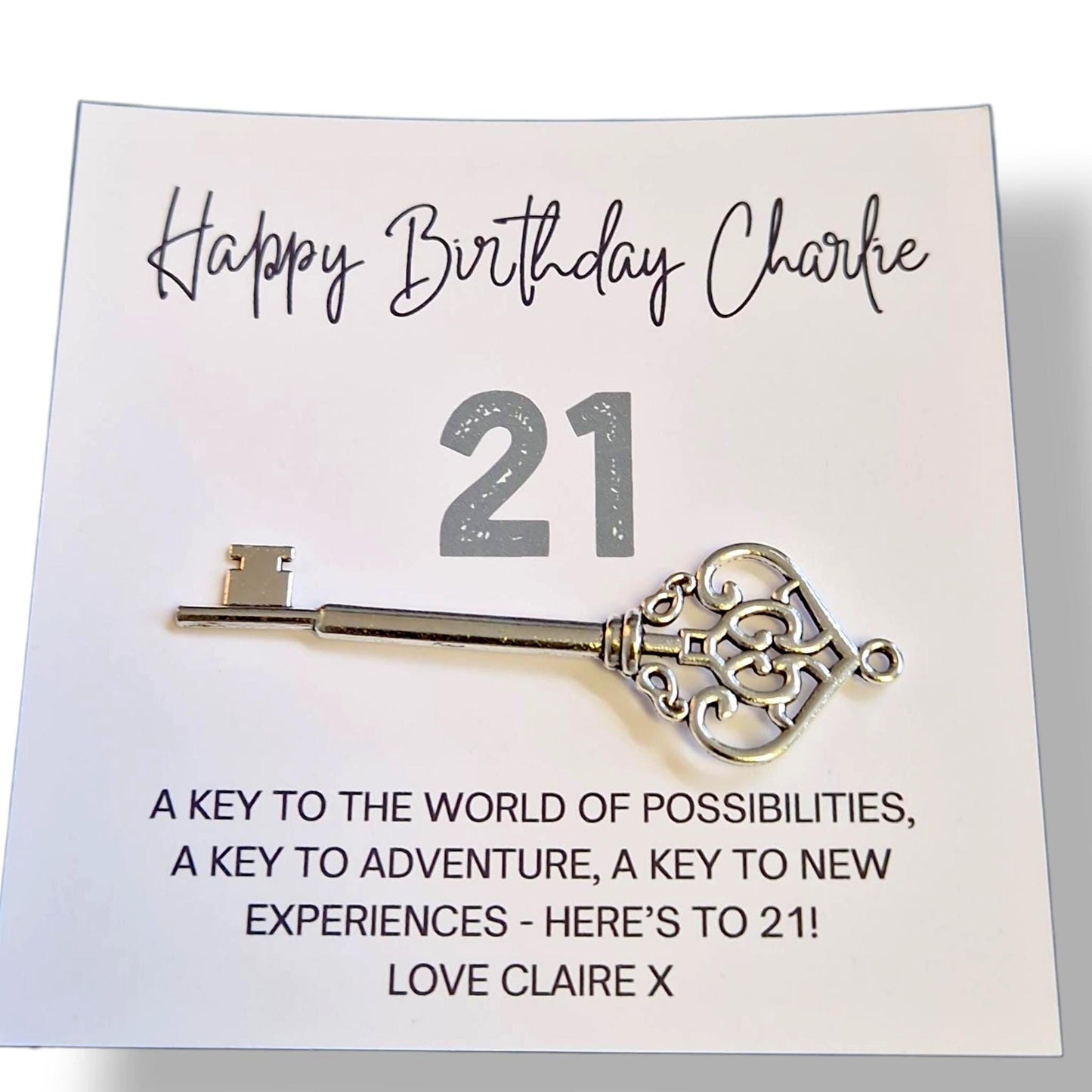 Personalised 21st Birthday Key Card: Keepsake Metal Key, 21, twenty one.