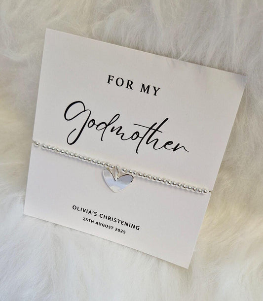 Godmother Gift: Silver Heart Charm Ball Bracelet - Christening Gift - For My Godmother, Our Godmother - Birthday