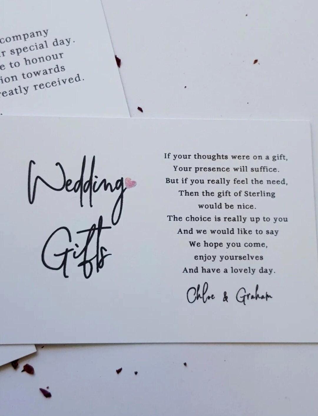 Wedding Honeymoon Poem Card Personalised:  A7, ask for money, wedding invite i sert Gift - 3 designs