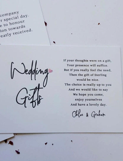Wedding Honeymoon Poem Card Personalised:  A7, ask for money, wedding invite i sert Gift - 3 designs