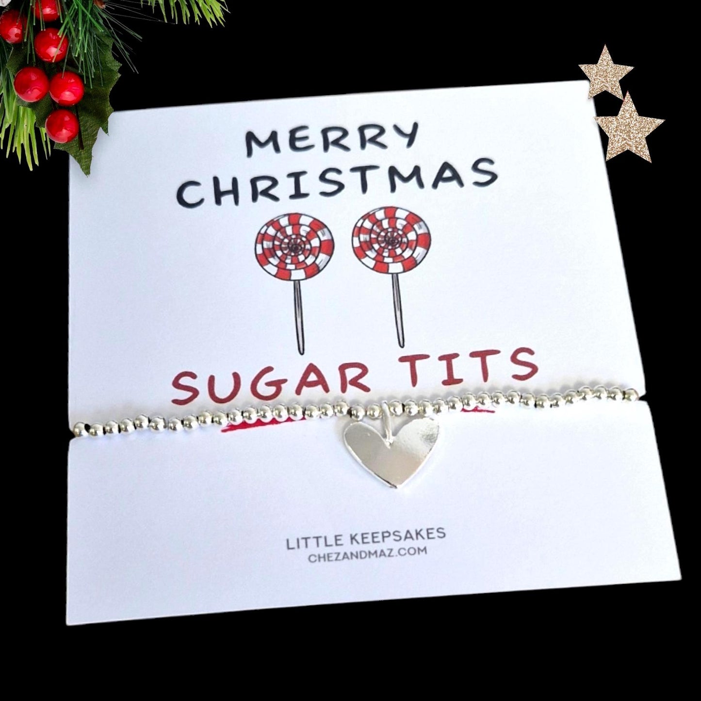 Merry Christmas Sugar T*ts I Funny Gift I Silver Plated Charm Bracelet with Silver coloured Heart Charm I Friendship Gift I Christmas