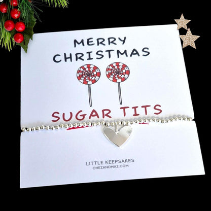 Merry Christmas Sugar T*ts I Funny Gift I Silver Plated Charm Bracelet with Silver coloured Heart Charm I Friendship Gift I Christmas