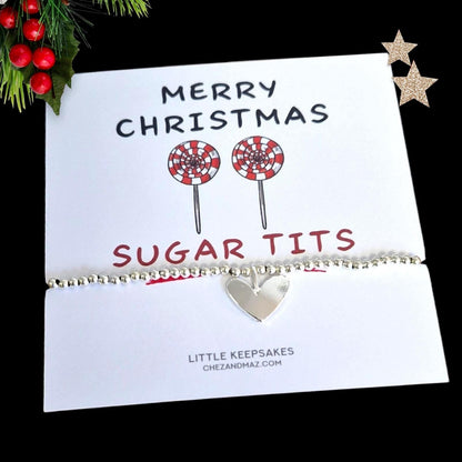 Merry Christmas Sugar T*ts I Funny Gift I Silver Plated Charm Bracelet with Silver coloured Heart Charm I Friendship Gift I Christmas