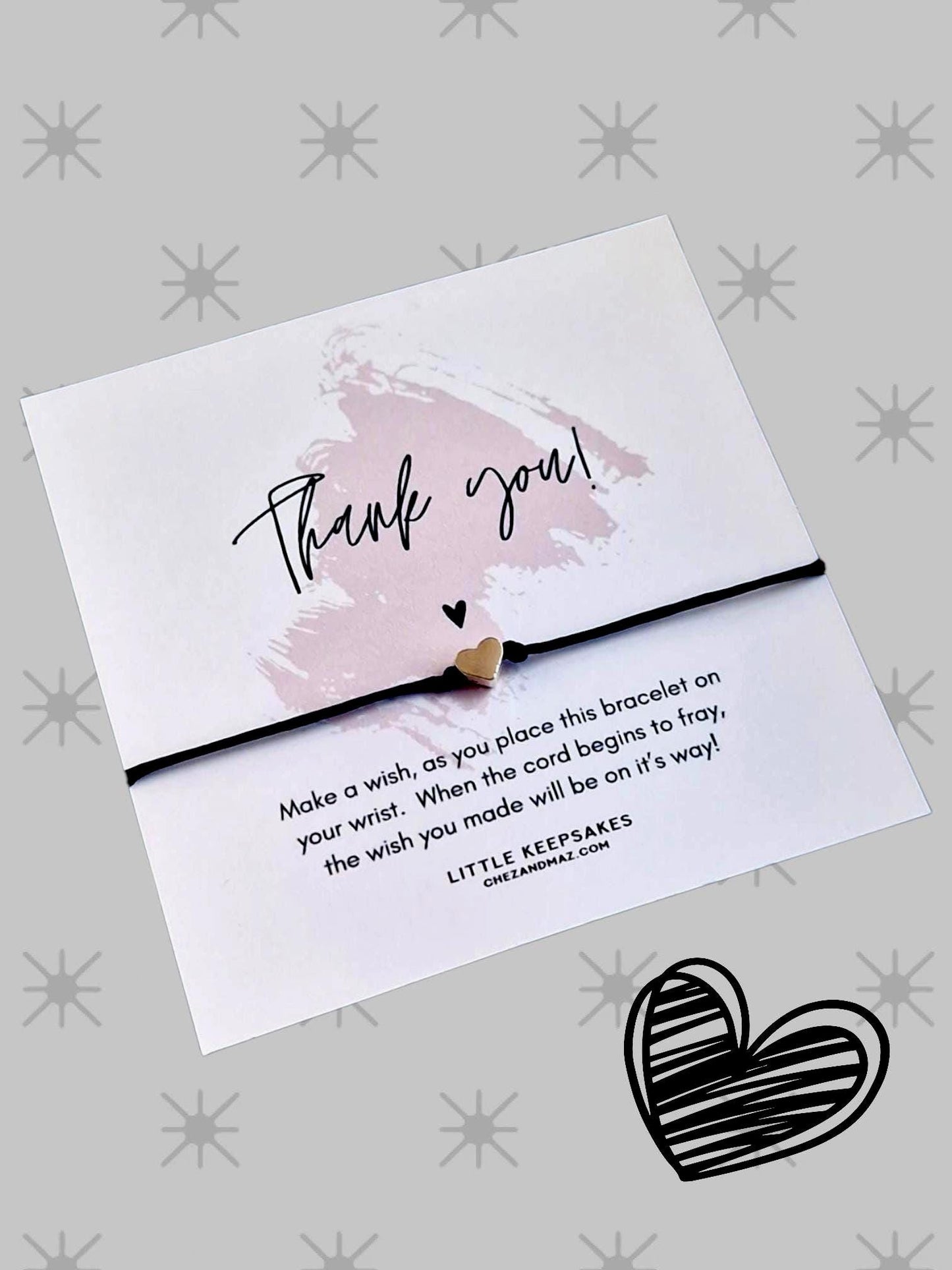 Thank You Wish Bracelet: Pink Splash Heart, Friendship Gift-corporate, school,team, teacher friend