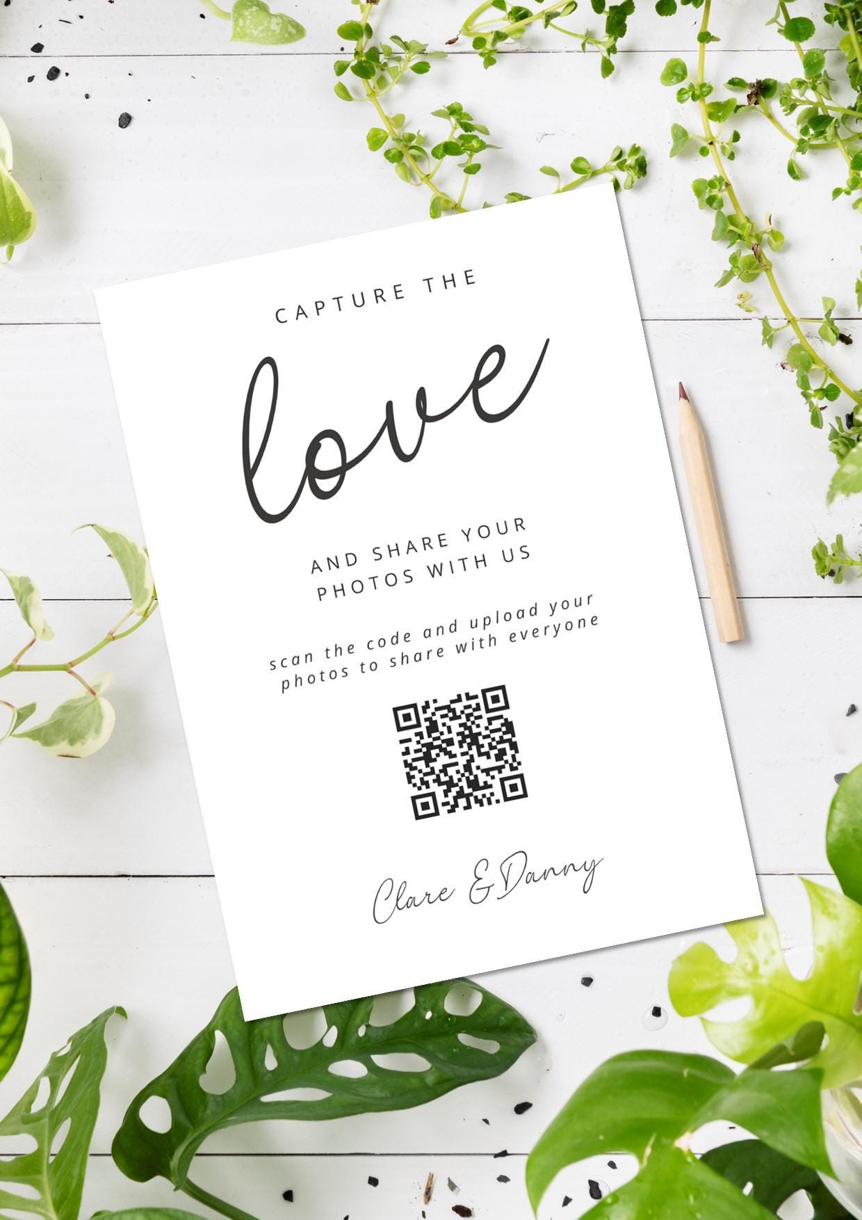 Wedding QR Code Photo Sharing Cards: Personalised Engagement Announcement, Anniversary, Birthday (7x10 cm A7 Size) - Capture the love