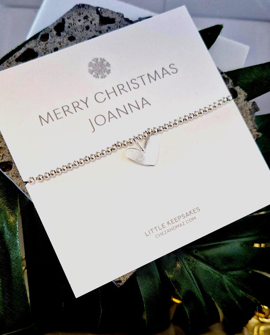 Personalised Snow Flake Design - Silver Plated Christmas Bracelet: Heart Charm, Festive Jewellery - friend, colleague, secret Santa