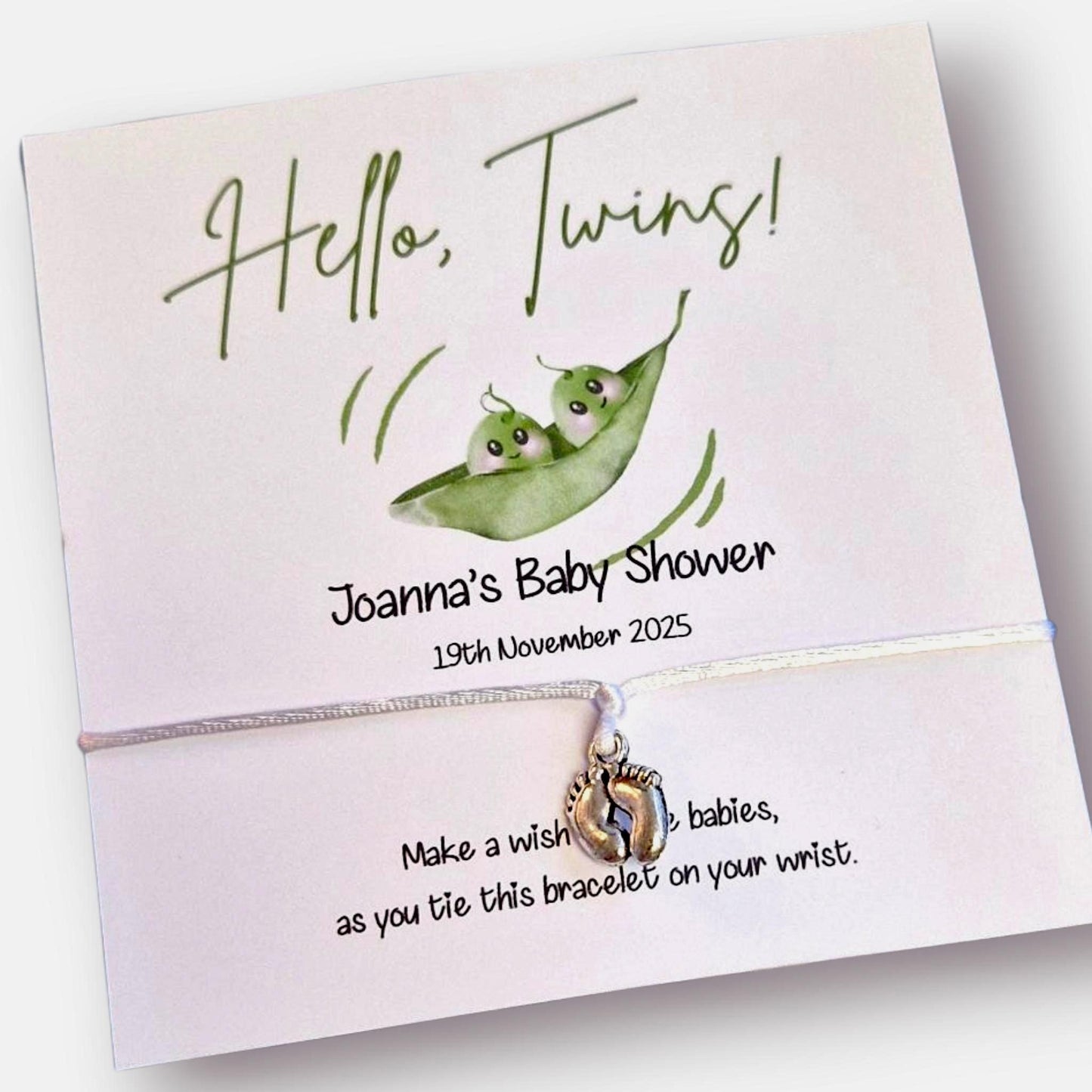Twins Baby Shower Wish Bracelet: Peas in a pod Personalised Charm String, Mummy To Be - Gender Neutral