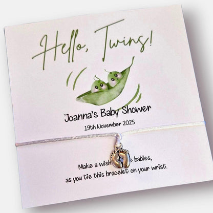 Twins Baby Shower Wish Bracelet: Peas in a pod Personalised Charm String, Mummy To Be - Gender Neutral
