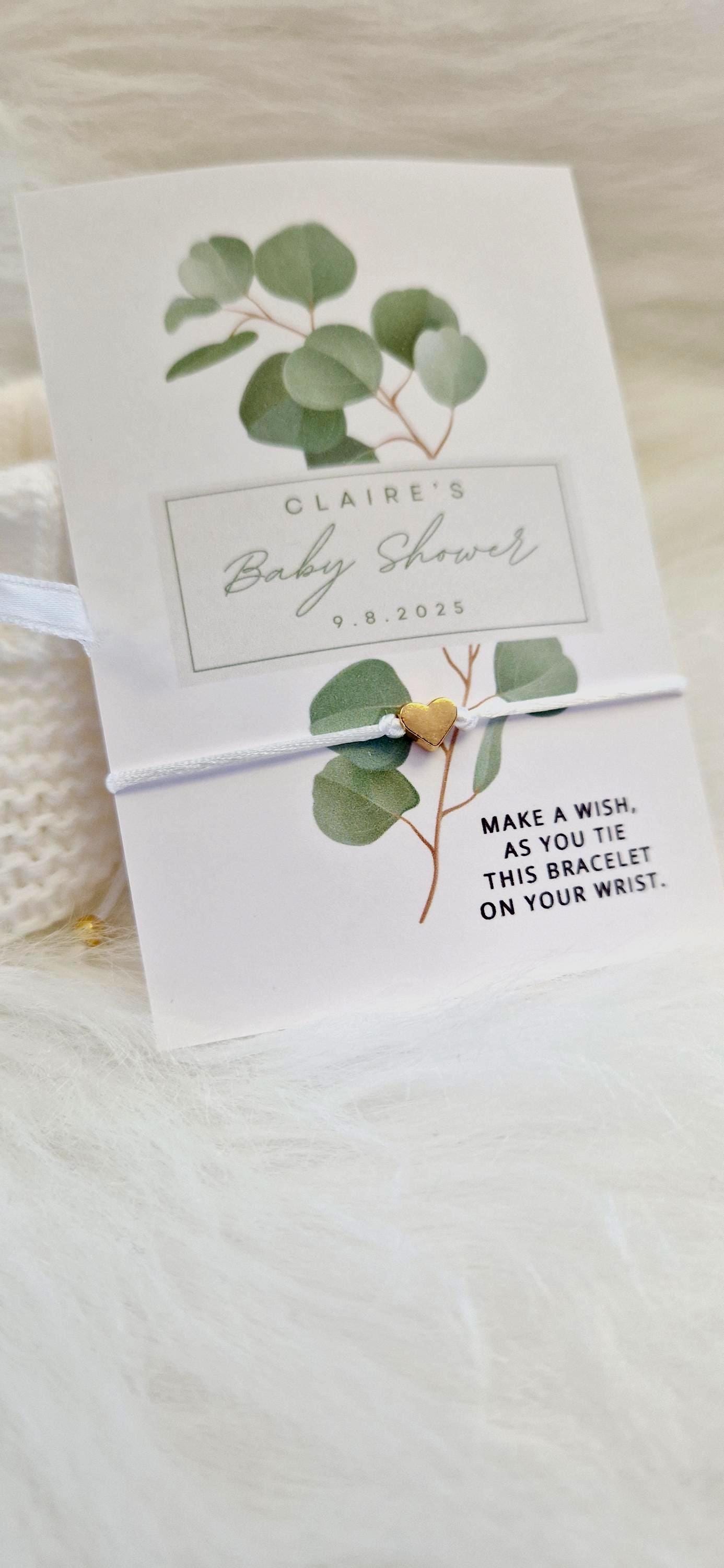 Pack of 10 Personalised Eucalyptus Baby Shower Wish Bracelet: Gold Heart Charm - Boho, Botanical - Fern