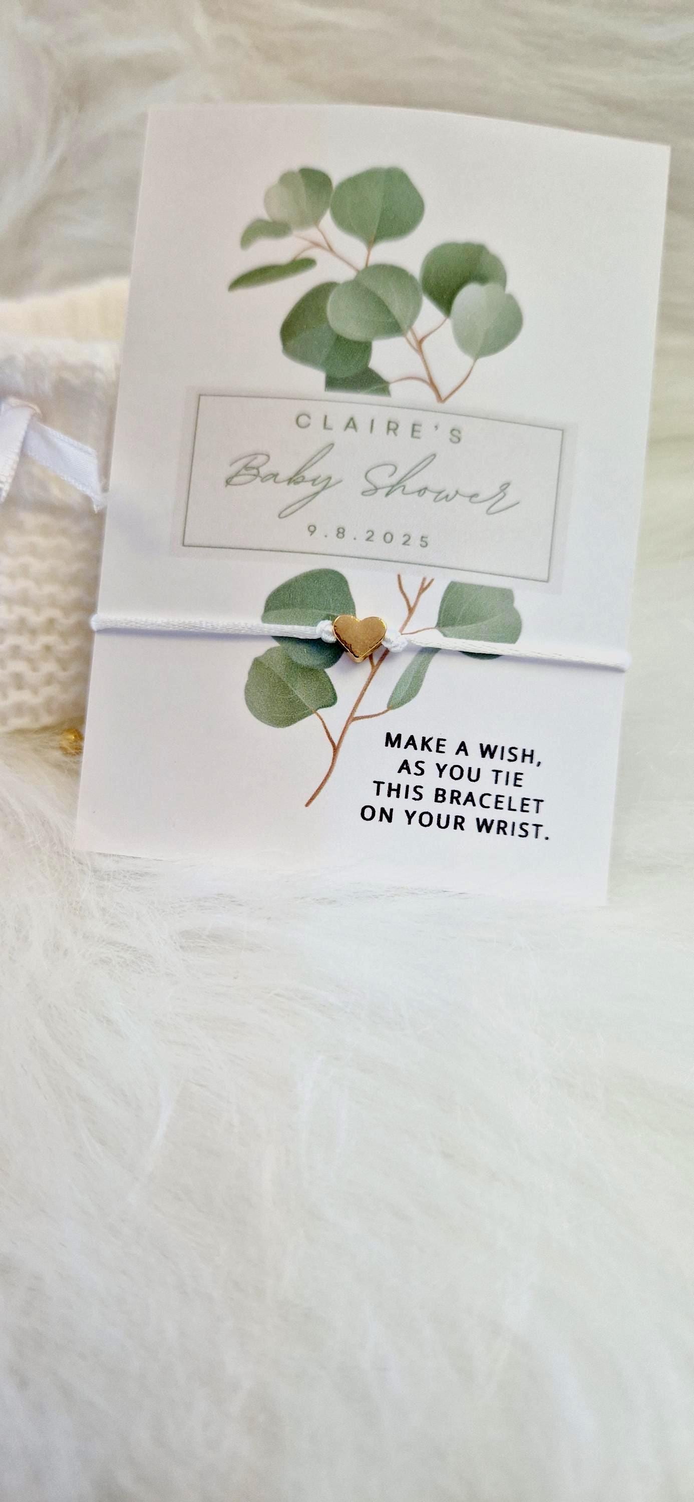 Pack of 10 Personalised Eucalyptus Baby Shower Wish Bracelet: Gold Heart Charm - Boho, Botanical - Fern