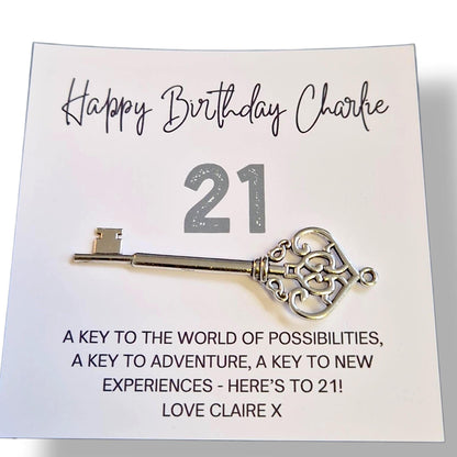 Personalised 21st Birthday Key Card: Keepsake Metal Key, 21, twenty one.