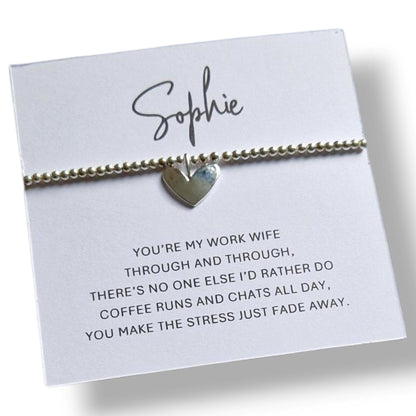 Personalised Work Wife Silver Plated Bracelet | Heart Charm Friendship Gift | Best Friend Office Jewellery | Appreciation- Through & through