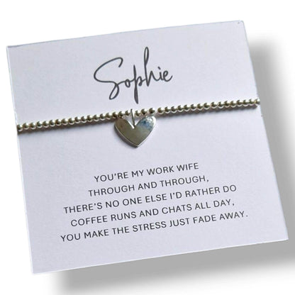 Personalised Work Wife Silver Plated Bracelet | Heart Charm Friendship Gift | Best Friend Office Jewellery | Appreciation- Through & through