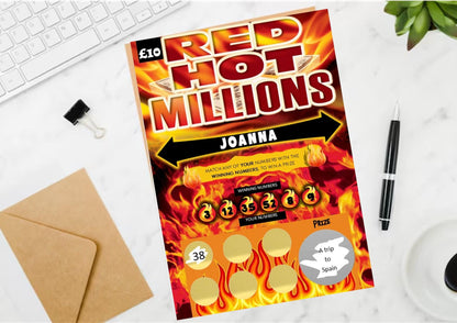 Scratch card Jackpot Personalised Red Hot Millions Scratch Card: Surprise Reveal Gift, fun gift, Christmas,  Birthday