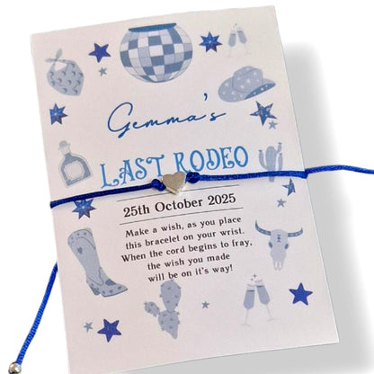 Personalised Last Rodeo Wish Bracelet: Hen Party, Birthday Favour, Cowgirl - Blue