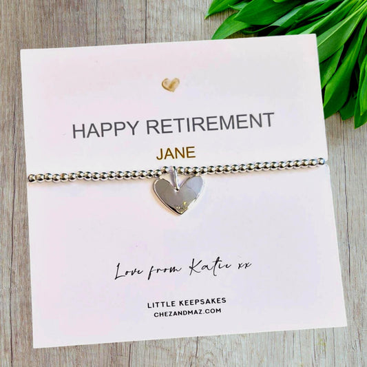 Retirement Bracelet, Personalised Retiring | Happy Retirement  | Silver Plated Charm Bracelet Heart Charm mu77