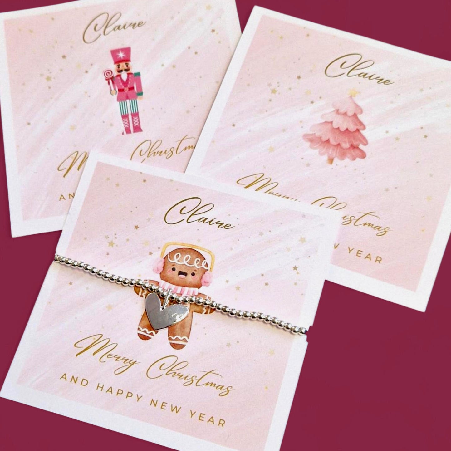 Christmas Silver Plated Bracelets Personalised 3 Pink Designs  | Stocking Filler | Xmas Gift for Her Merry Christmas, Secret Santa,