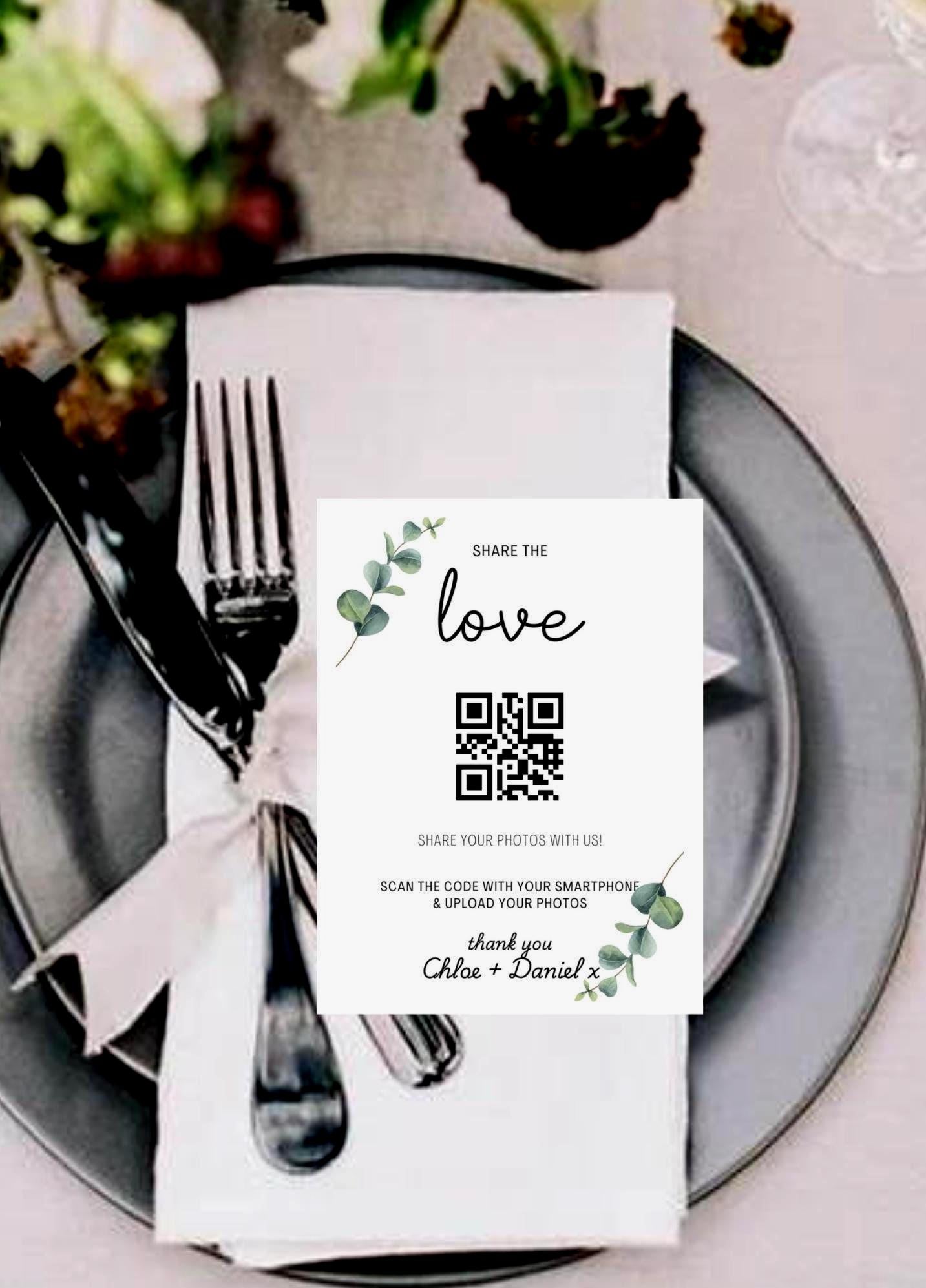 Wedding QR Code Photo Sharing Cards: Personalised Guest Keepsake (A7 Size 7x10 cm) - Share the Love Eucalyptus Design