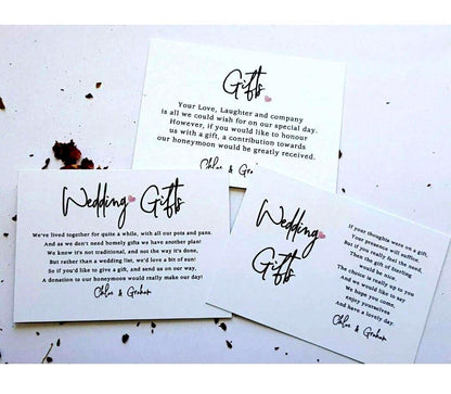 Wedding Honeymoon Poem Card Personalised:  A7, ask for money, wedding invite i sert Gift - 3 designs