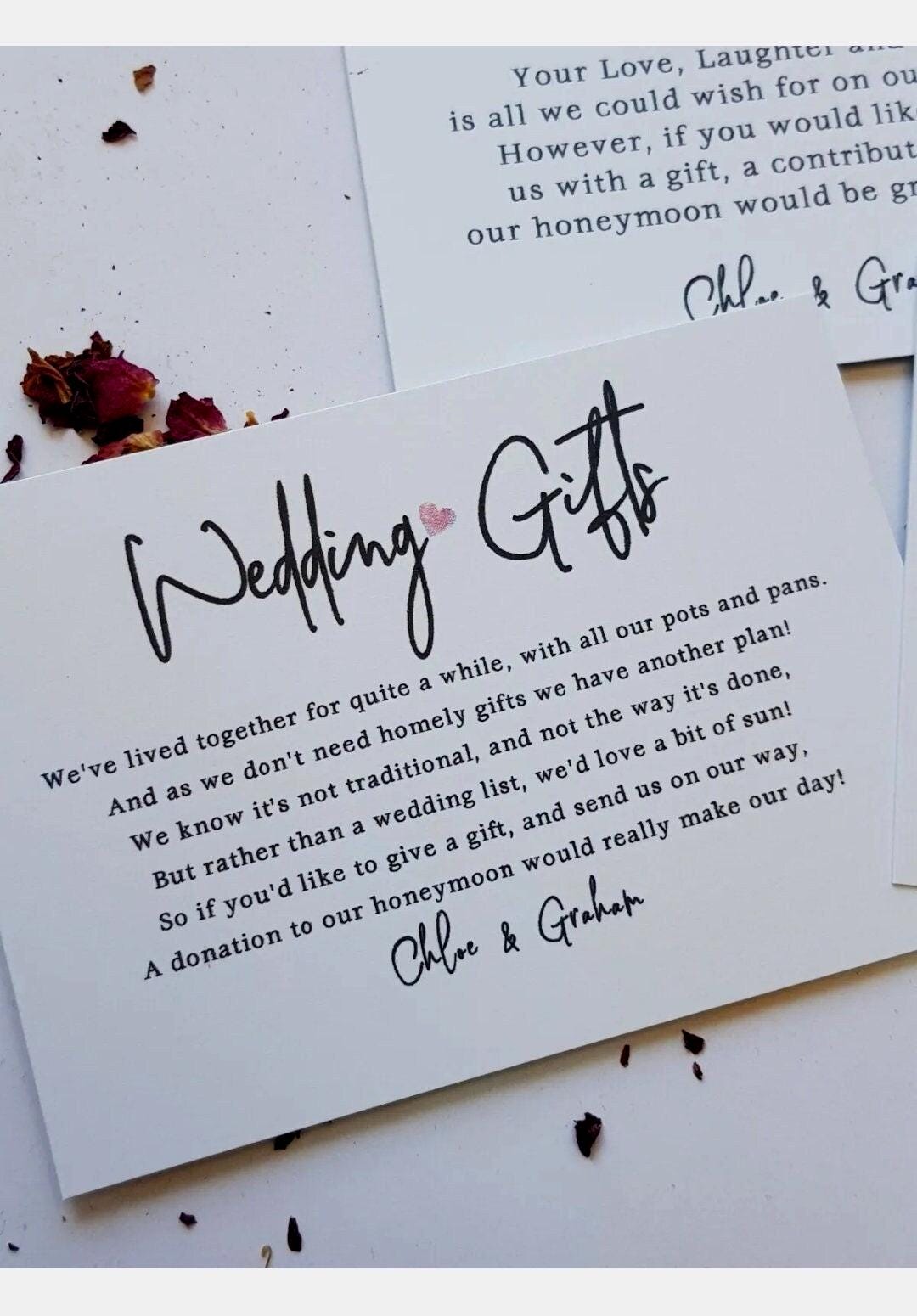 Wedding Honeymoon Poem Card Personalised:  A7, ask for money, wedding invite i sert Gift - 3 designs