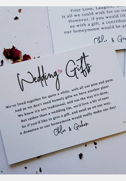Wedding Honeymoon Poem Card Personalised:  A7, ask for money, wedding invite i sert Gift - 3 designs