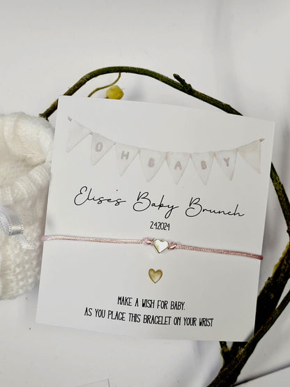 Personalised Baby Shower Wish Bracelet: Silver Heart Charm - Bunting Design - Oh Baby