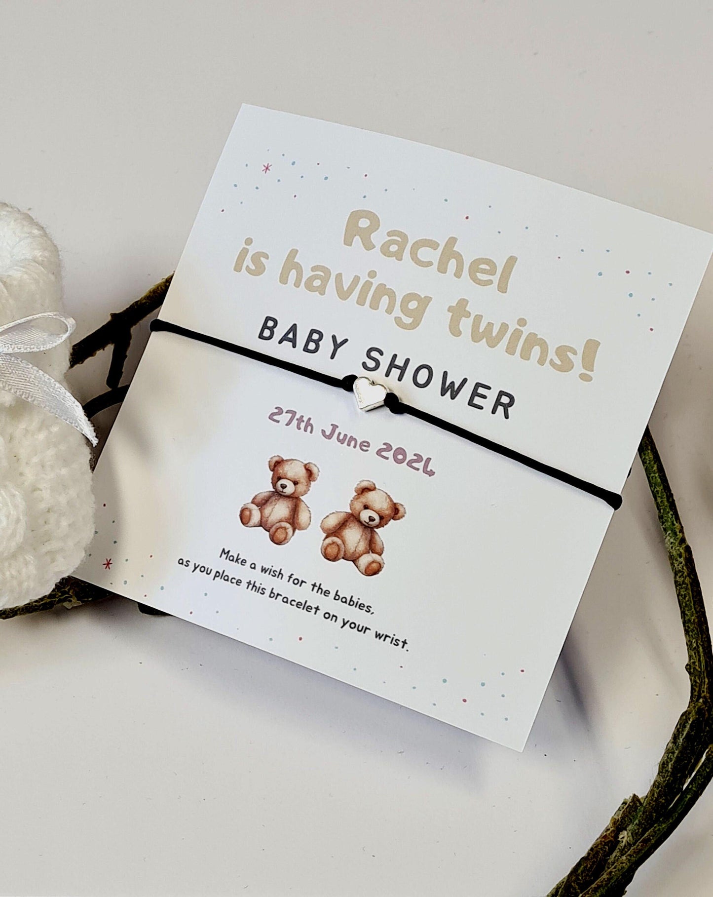 Twins Baby Shower Wish Bracelet: Personalised Charm String, Mummy To Be - Gender Neutral