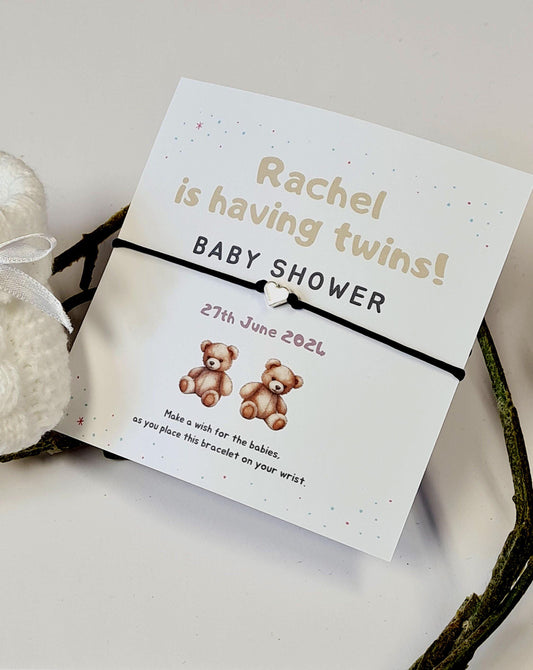 Twins Baby Shower Wish Bracelet: Personalised Charm String, Mummy To Be - Gender Neutral