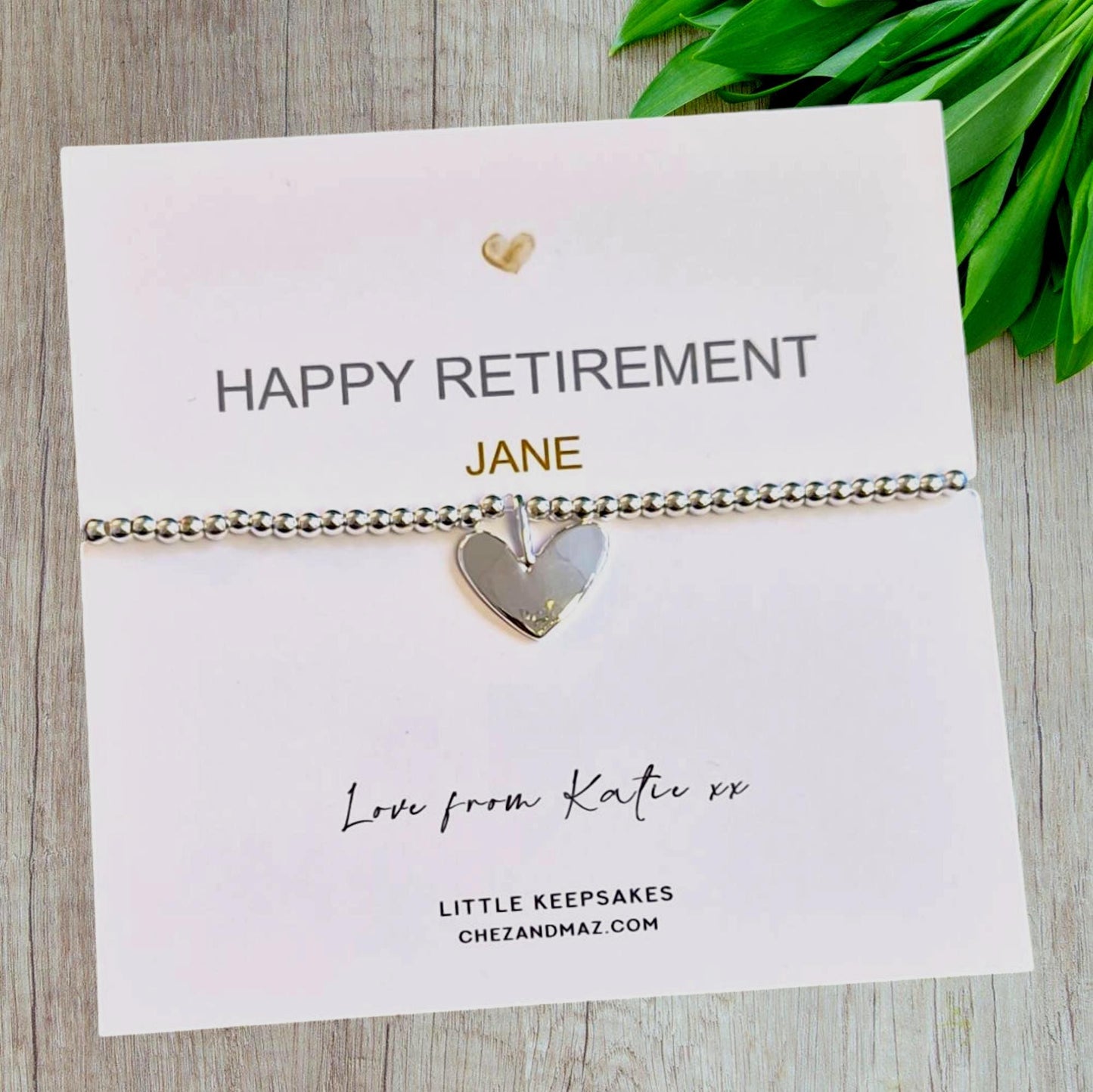 Retirement Bracelet, Personalised Retiring | Happy Retirement  | Silver Plated Charm Bracelet Heart Charm mu77