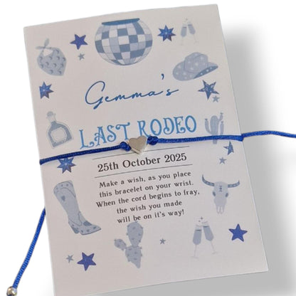 Personalised Last Rodeo Wish Bracelet: Hen Party, Birthday Favour, Cowgirl - Blue