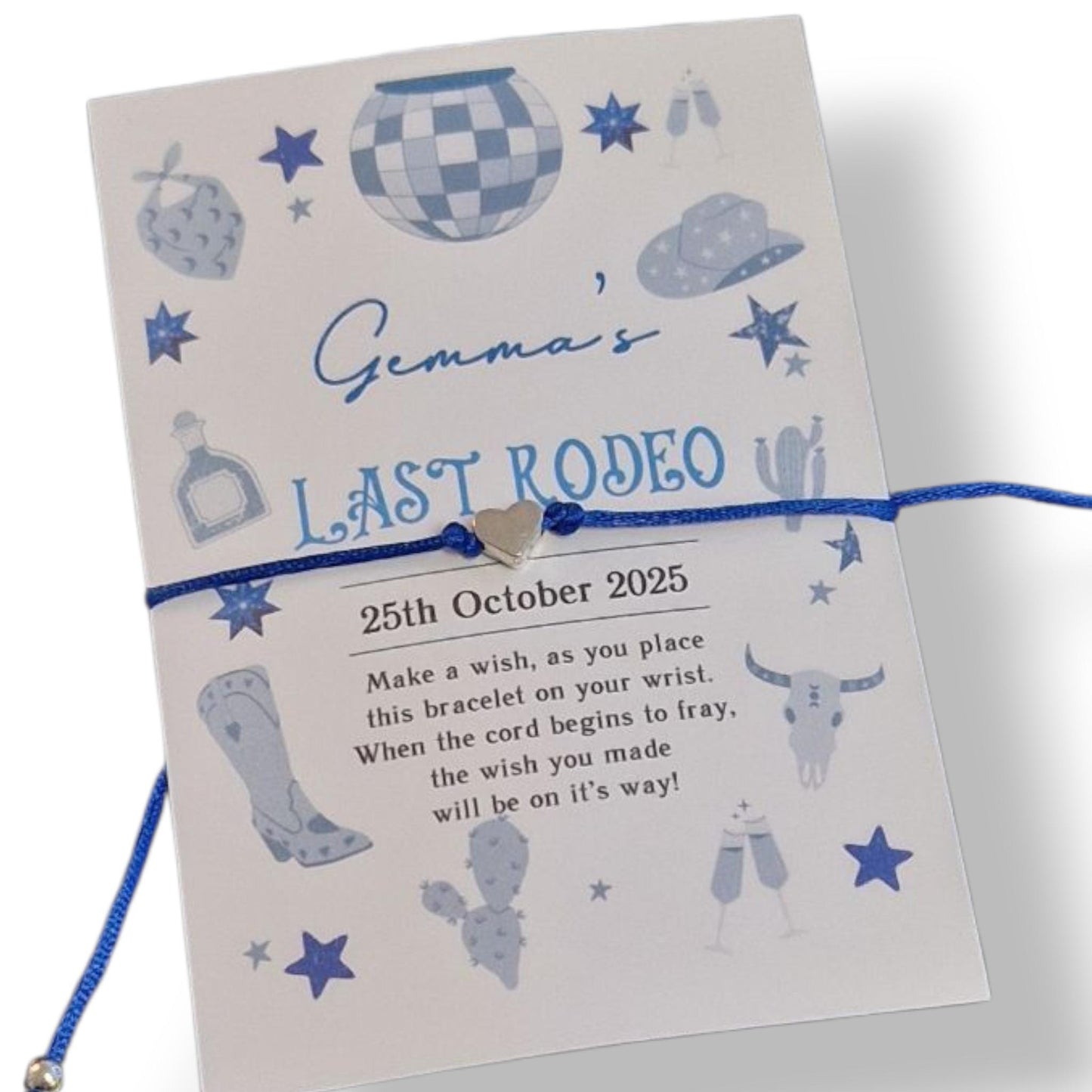 Personalised Last Rodeo Wish Bracelet: Hen Party, Birthday Favour, Cowgirl - Blue