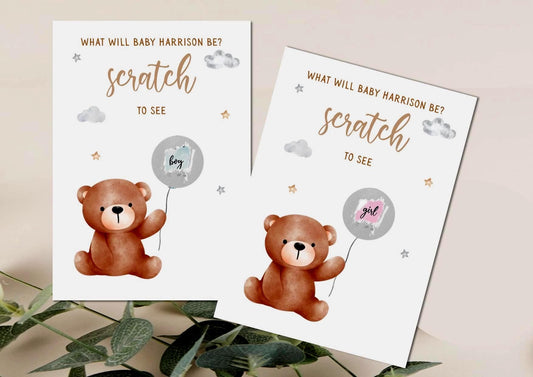 Gender Reveal Scratch Card: Teddy Bear Theme Baby Shower Game, Personalised