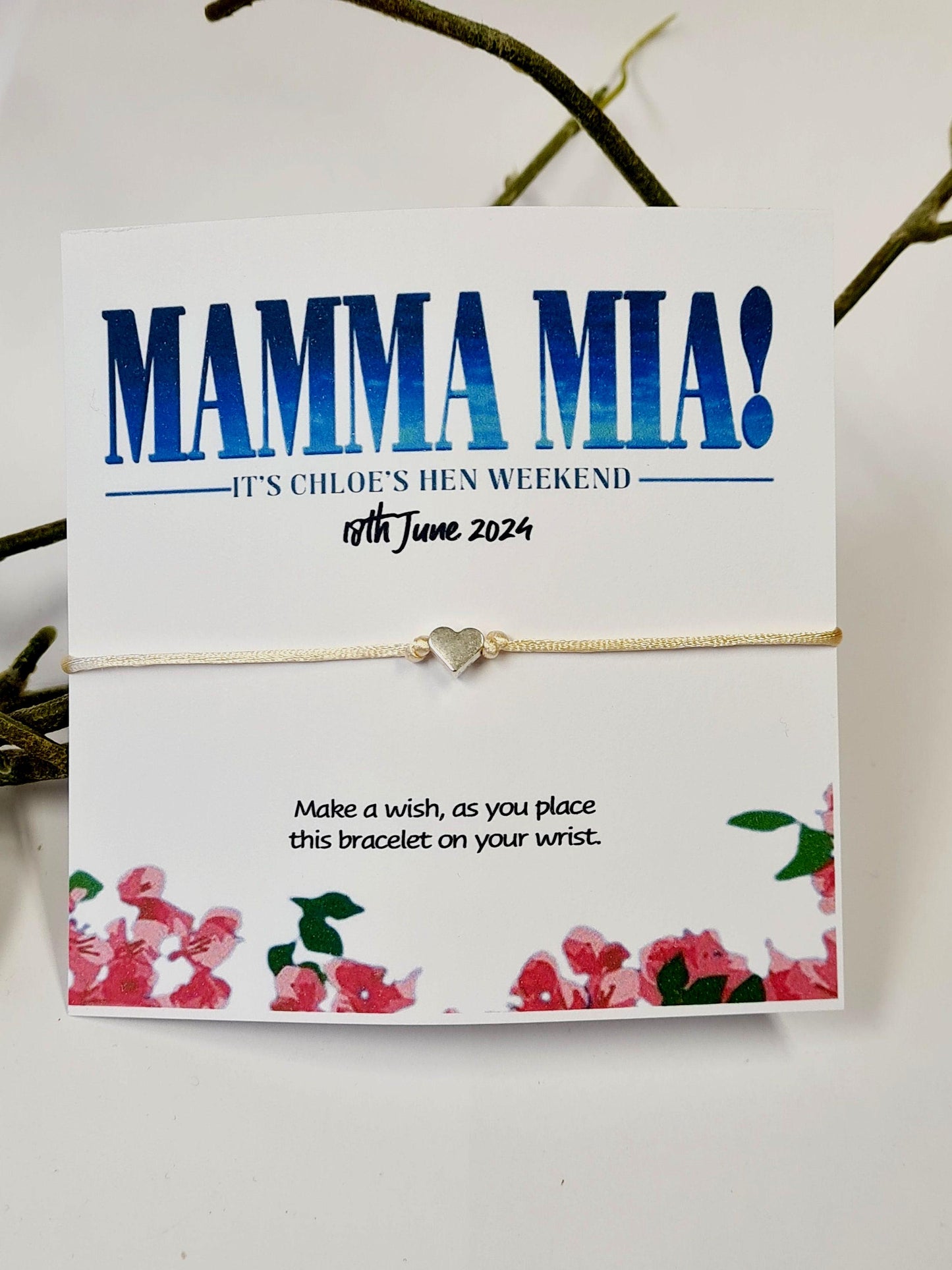 Mamma Mia Hen Party Wish Bracelet – Personalised Bachelorette Favour, Hen Do Gift, Hen Weekend Keepsake - Birthday, Party Keepsake