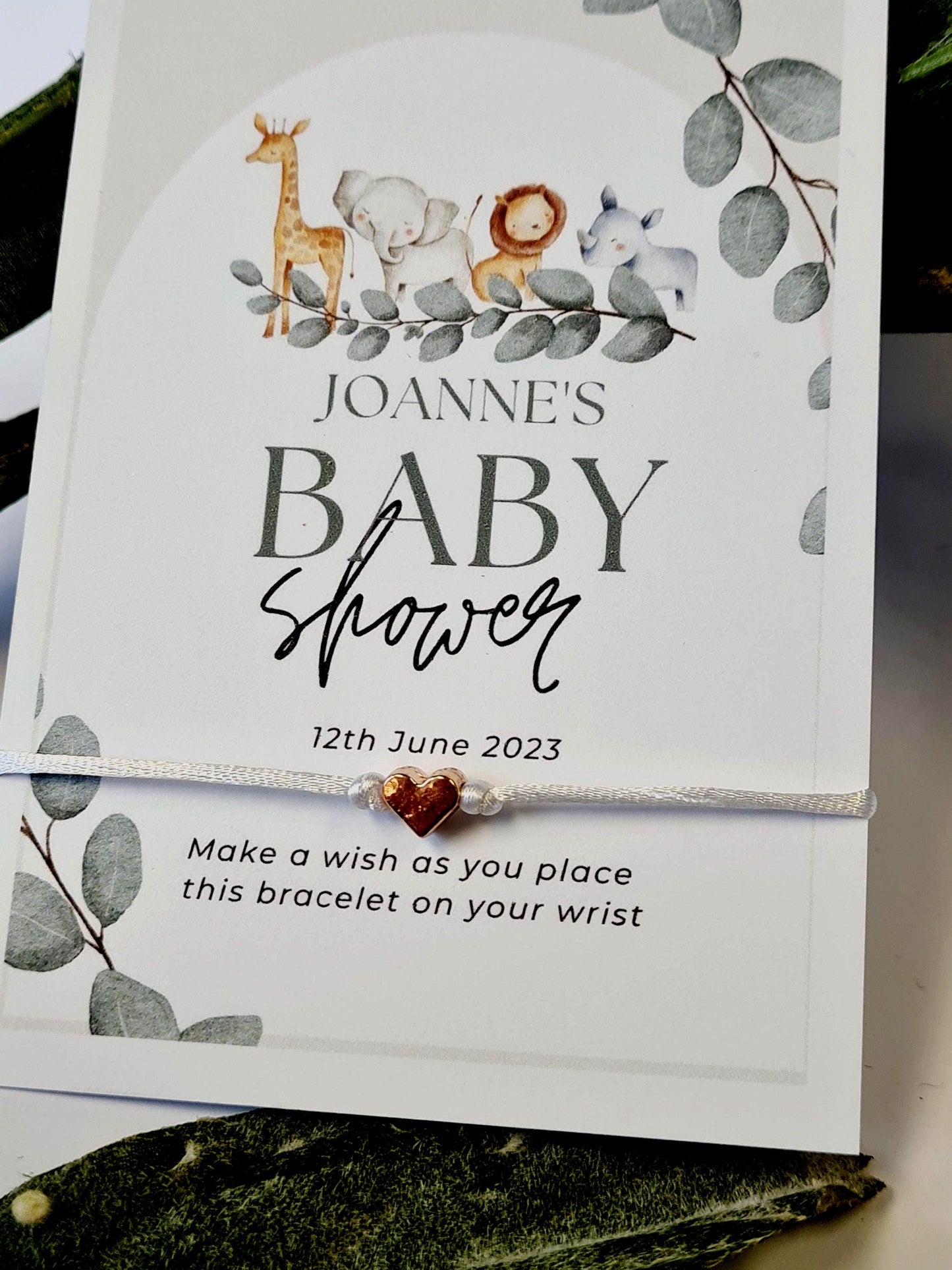 Personalised Baby Shower Wish Bracelet: Animal Babies Charm - Zoo - Gender Neutral - Ferns