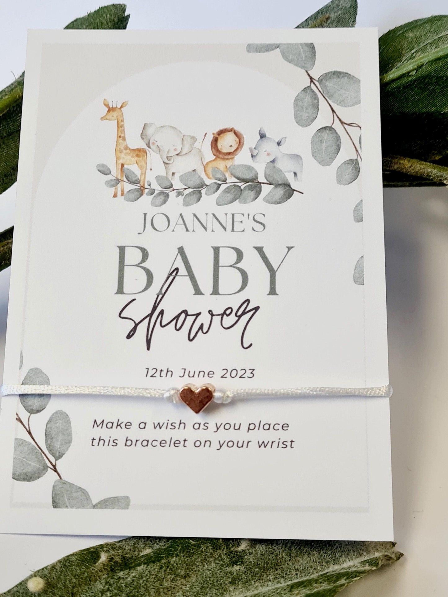Personalised Baby Shower Wish Bracelet: Animal Babies Charm - Zoo - Gender Neutral - Ferns