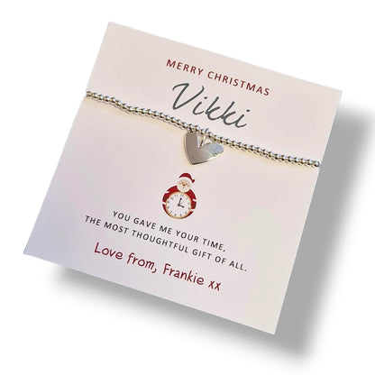 Merry Christmas Personalised Teacher Thank You Gift: Silver Beaded Charm Bracelet - You gave me your time