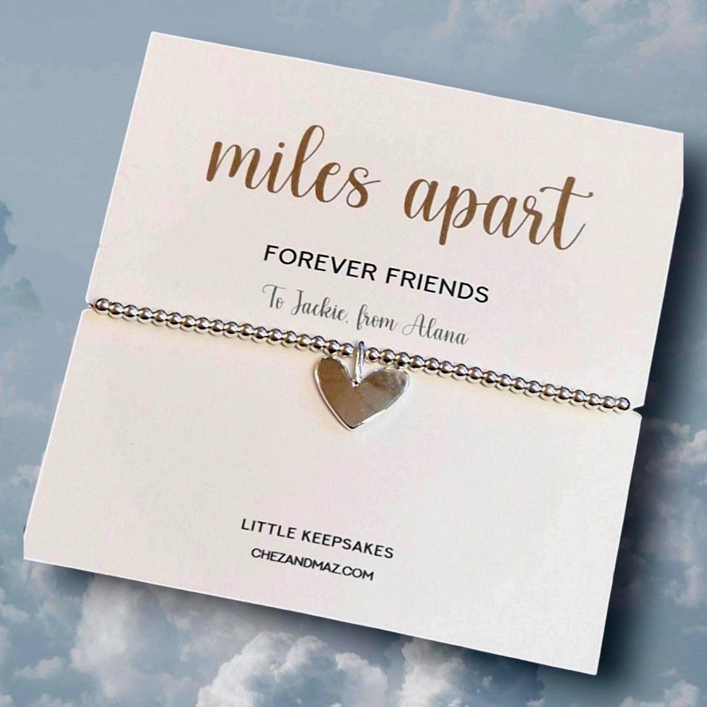 Personalised Silver Plated Heart Bracelet: Long Distance Friendship Gift-Miles Apart, forever friends