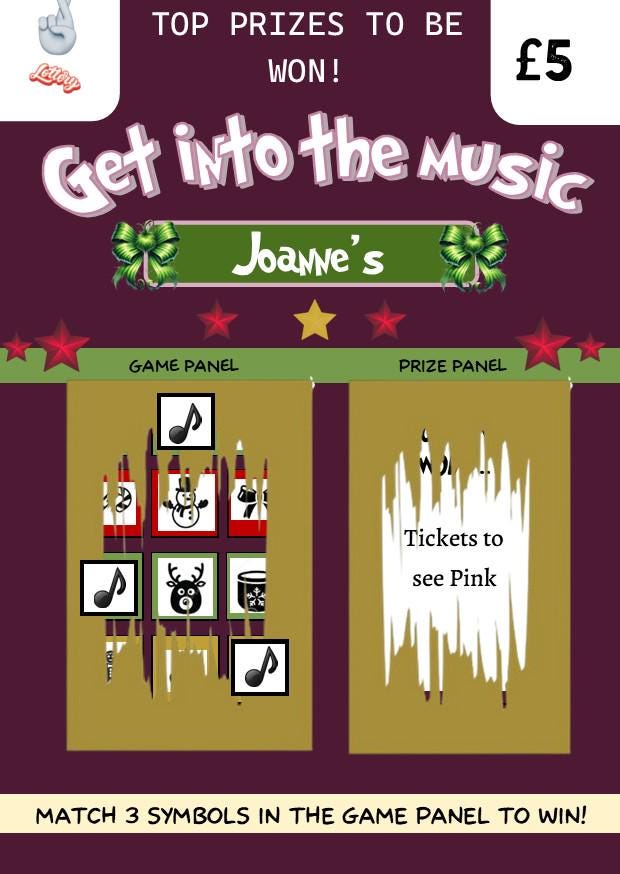 Scratch Card: Surprise, Festival, Music, Concert Reveal Gift, fun gift, Christmas, Festive, Personalised, Scratch to reveal gift