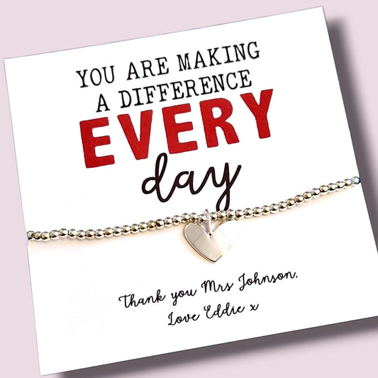 Personalised Teacher Thank You Bracelet: Silver Beaded Charm, Silver-Plated You make a difference