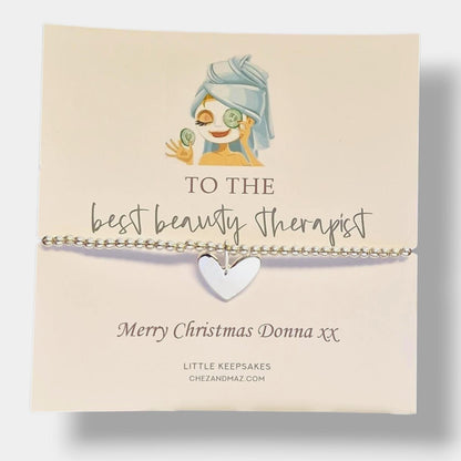 Beauty Therapist Gift: Silver Plated Heart Charm Bracelet Christmas, Birthday - Personalised