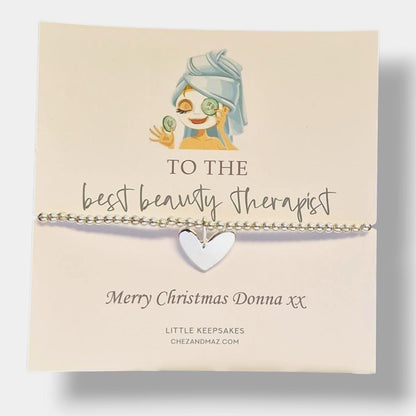 Beauty Therapist Gift: Silver Plated Heart Charm Bracelet Christmas, Birthday - Personalised